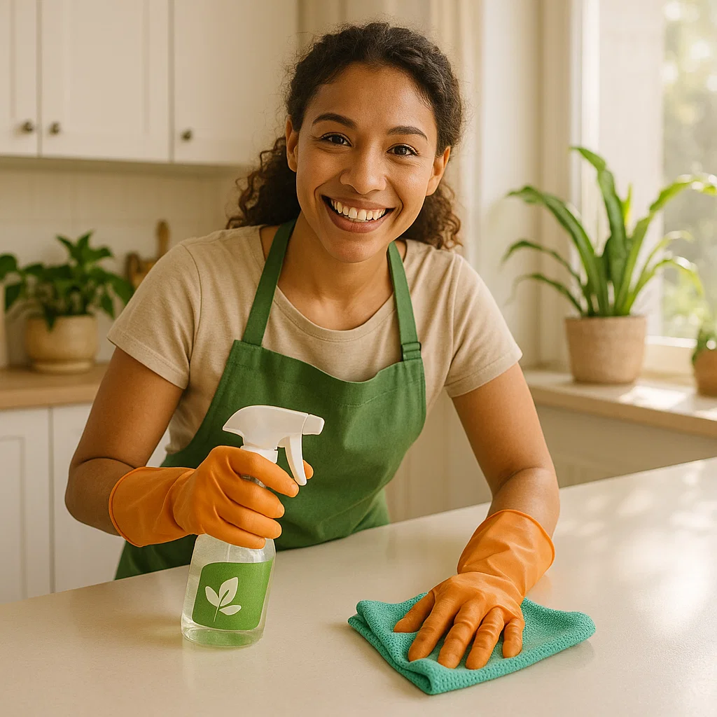 Residential home cleaning of kitchen surfaces with eco-friendly products.