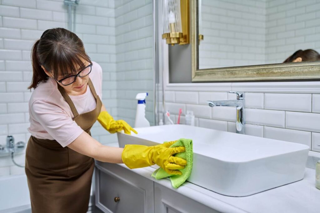 Residential home cleaning of kitchen surfaces with eco-friendly products.