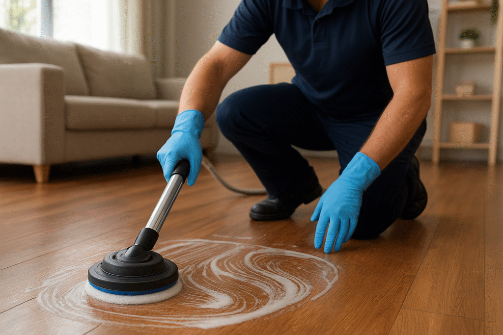 Cleaner dusting high shelves during deep cleaning for a healthy home.