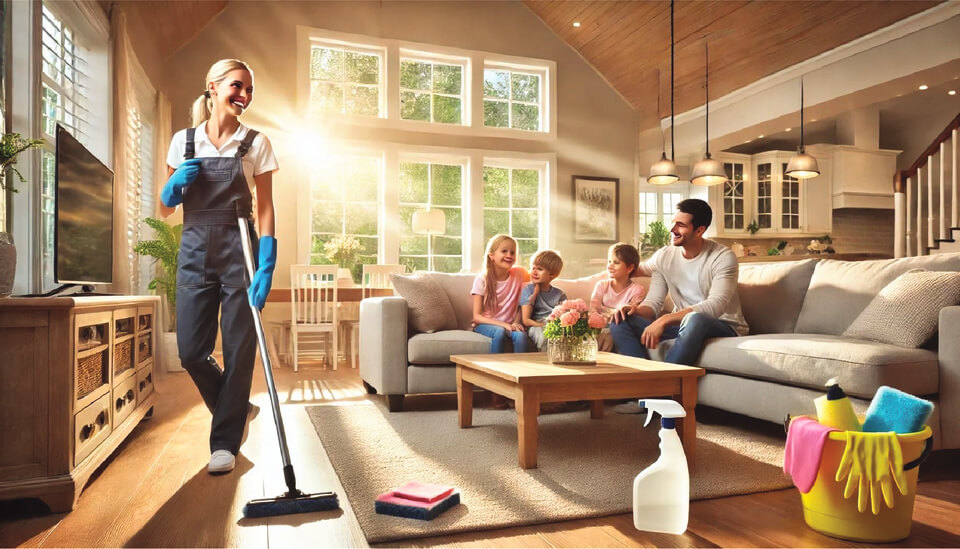 Professional home cleaning services for larger families cleaning a busy living room