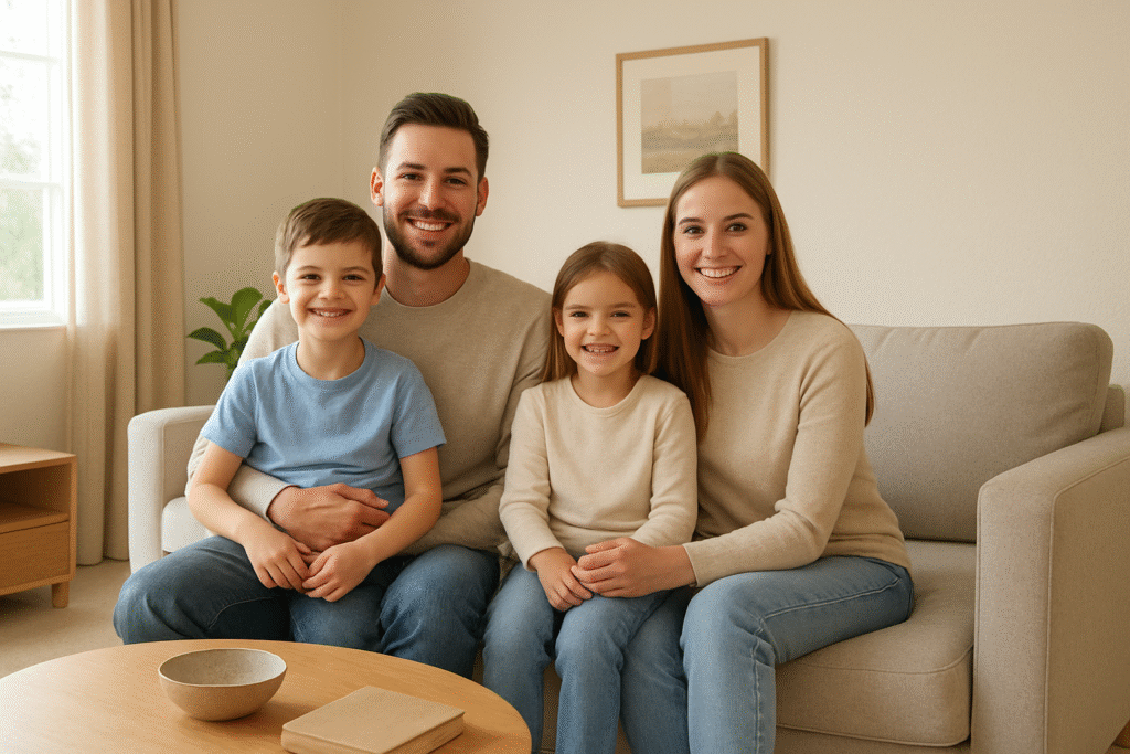 Happy family enjoying clean and fresh living room environment.perfect professional home cleaning
