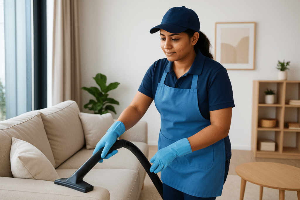 Professional home cleaning vacuuming living room for spotless results