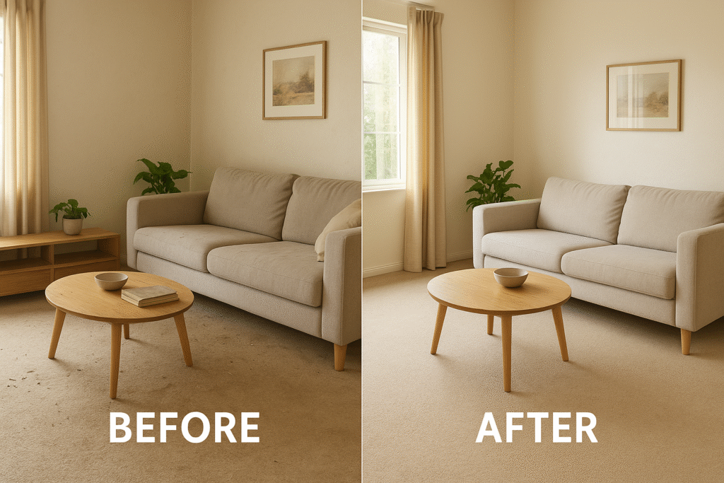 Before and after professional  home cleaning comparison showing spotless interiors